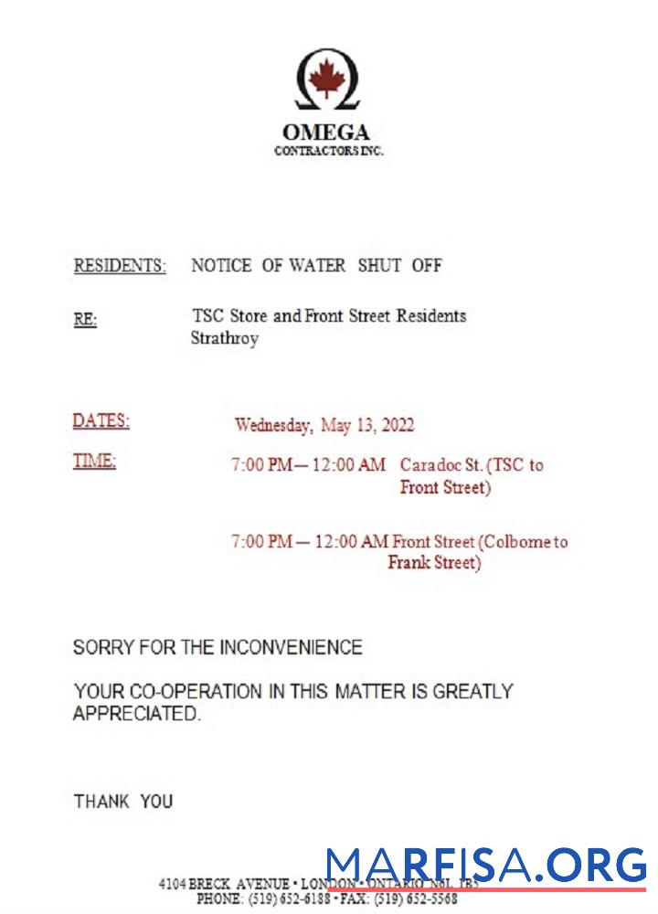 Blank Canada Ontario Omega Contractors Inc. water utility bill shutoff notice real example